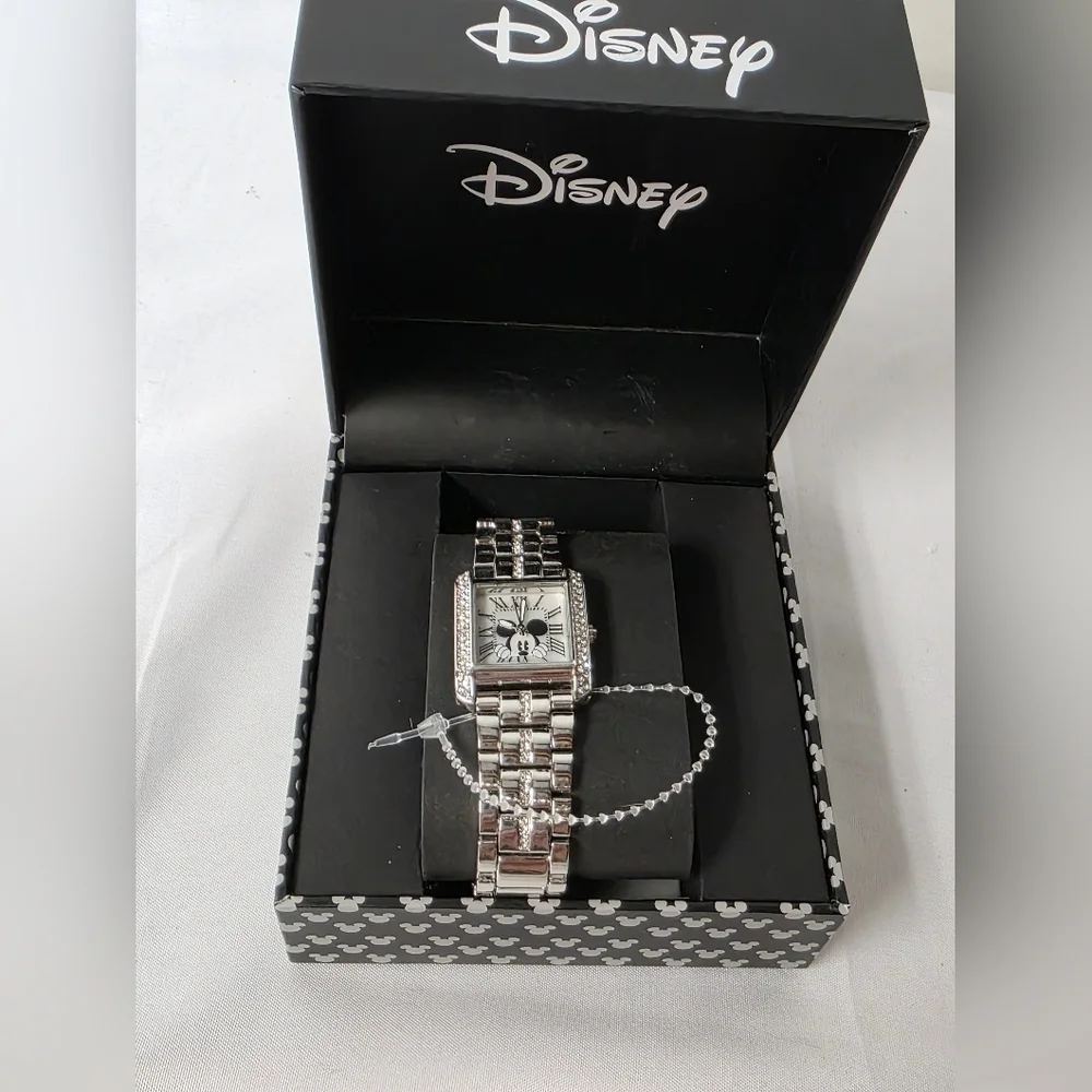 Disney Accutime Mickey Mouse Crystal Embellished Silvertone Link Bracelet Watch